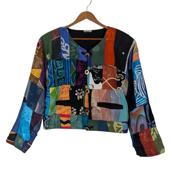 Vtg Kosi Bali Collection Patchwork Jacket Womens Medium Boho Hippie Colorful Art - Picture 1 of 12